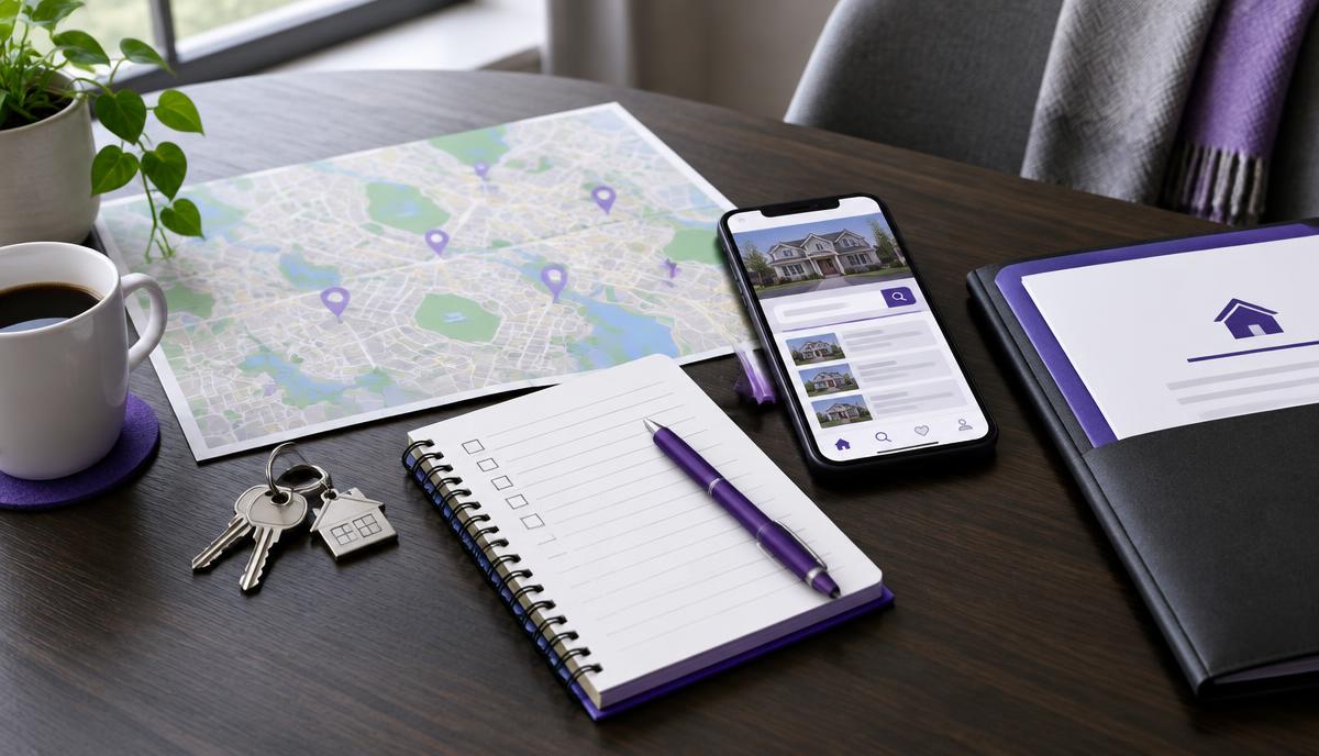 Homebuyer planning table with property search, map, notebook, and house keys